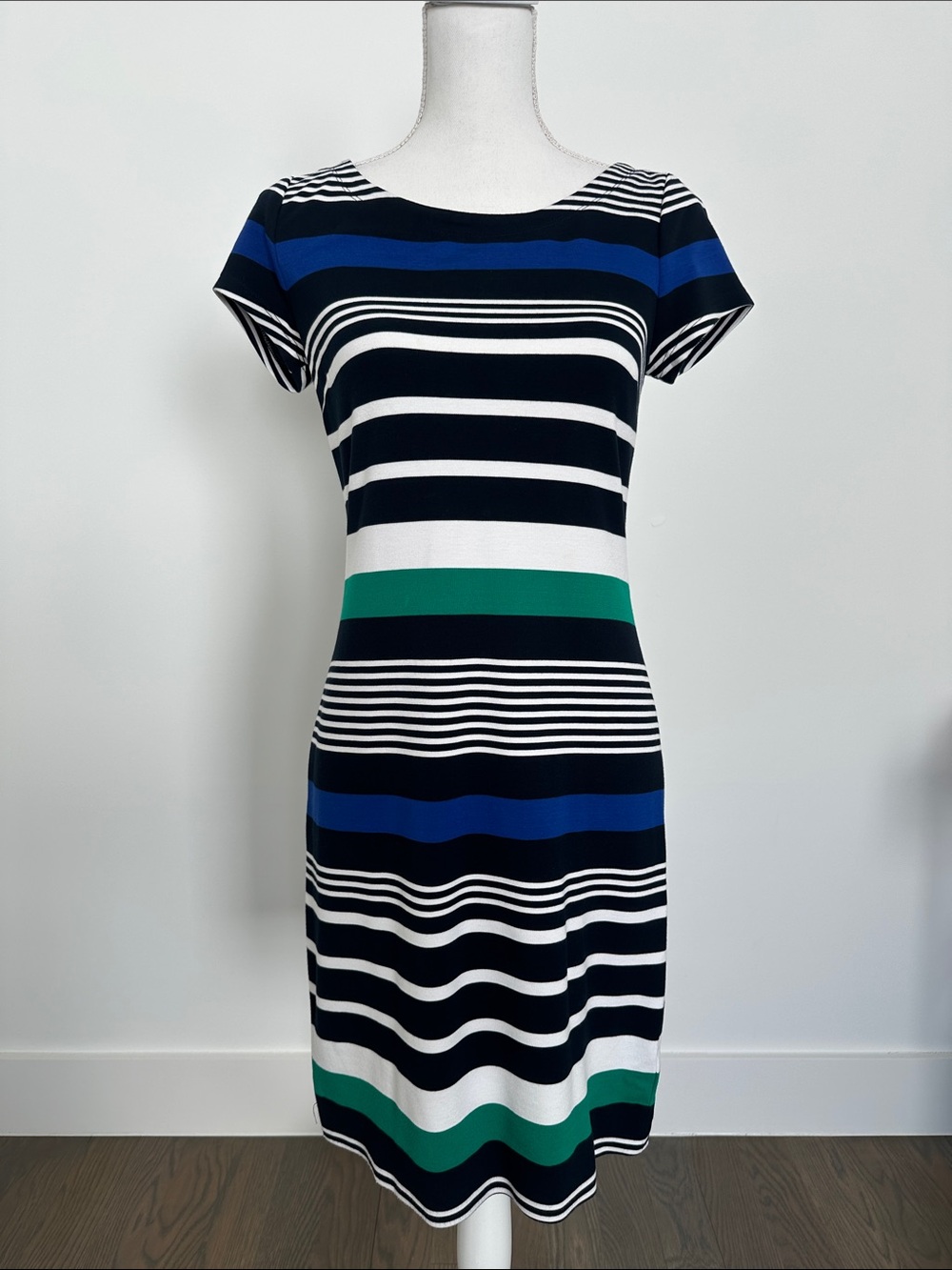Banana Republic Navy, White, Blue & Green Striped Short-Sleeve Shift Dress